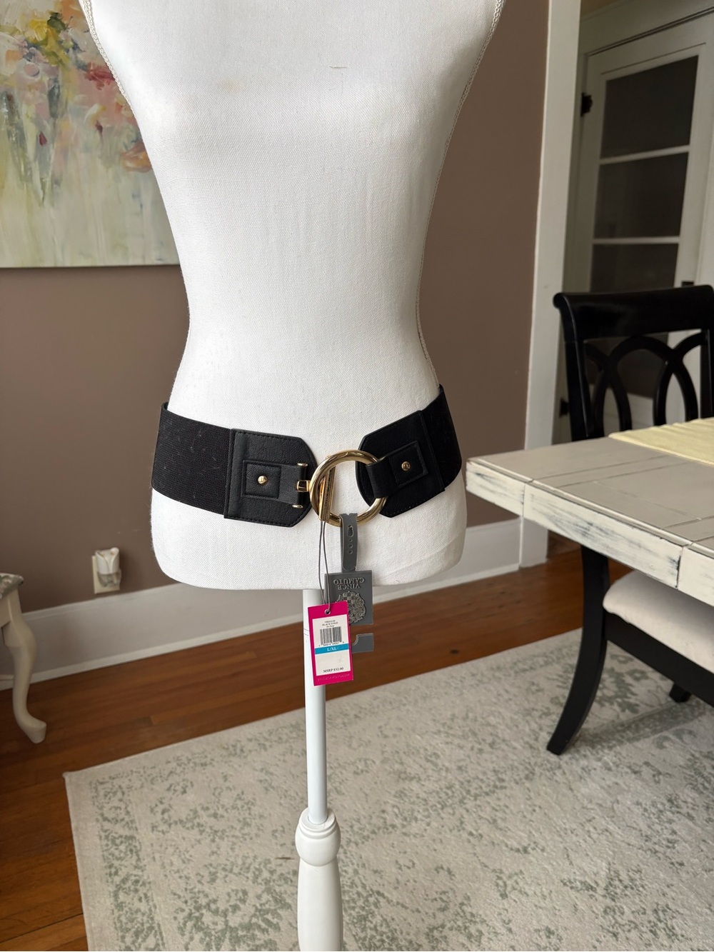 Vince Camuto Black Elastic Waist Belt with Gold Ring Buckle